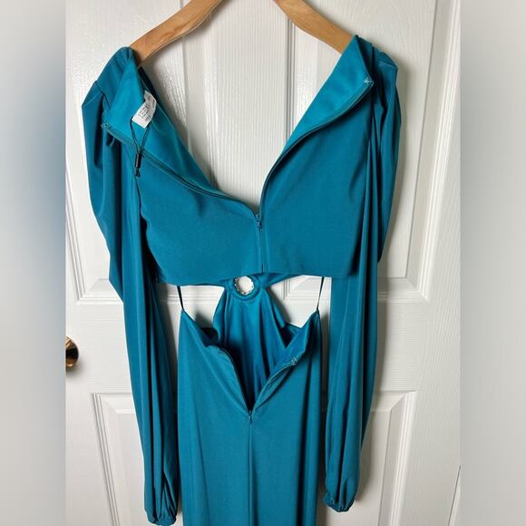 Mac Duggal Jersey Puff Long Sleeve Cut Out Column Gown 26727 Ocean Blue 2 - Picture 8 of 11